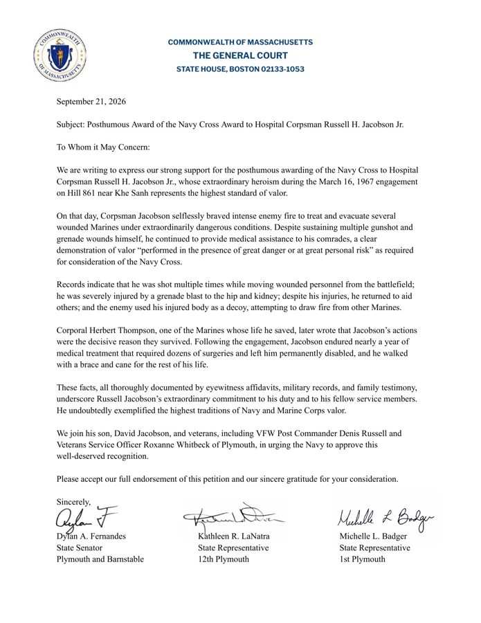 Letter of support on Commonwealth of Massachusetts General Court letterhead, signed by Senator Dylan A. Fernandes, Representative Kathleen R. LaNatra and Representative Michelle L. Badger